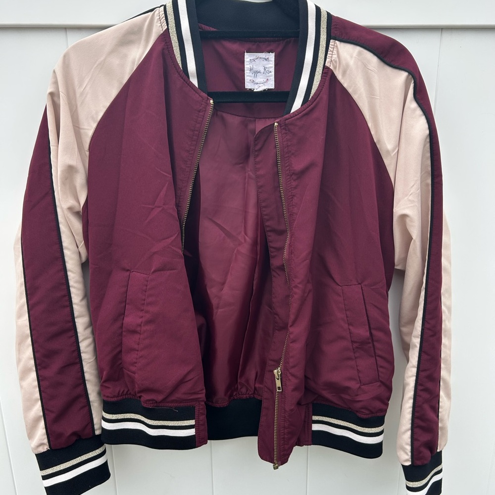 Hippie Rose Burgundy and Beige Bomber Jacket